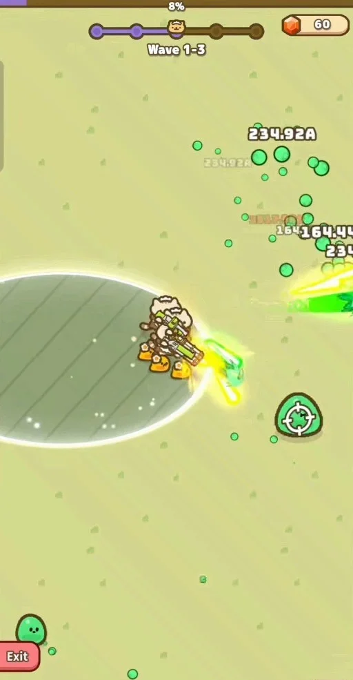 Режим Охота в Idle Cat Gunner: кот на арене среди слаймов, вверху шкала волн Wave 1-3