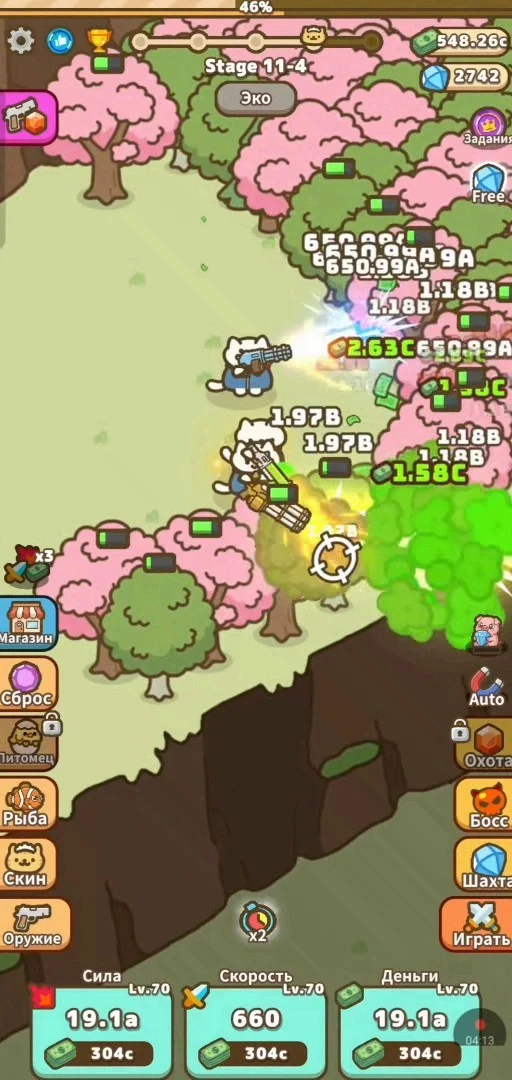 Главный экран Idle Cat Gunner: слева Магазин, Сброс, Питомец, Рыба, Скин, Оружие, справа Охота, Босс, Шахта и Играть, внизу плитки Сила, Скорость, Деньги
